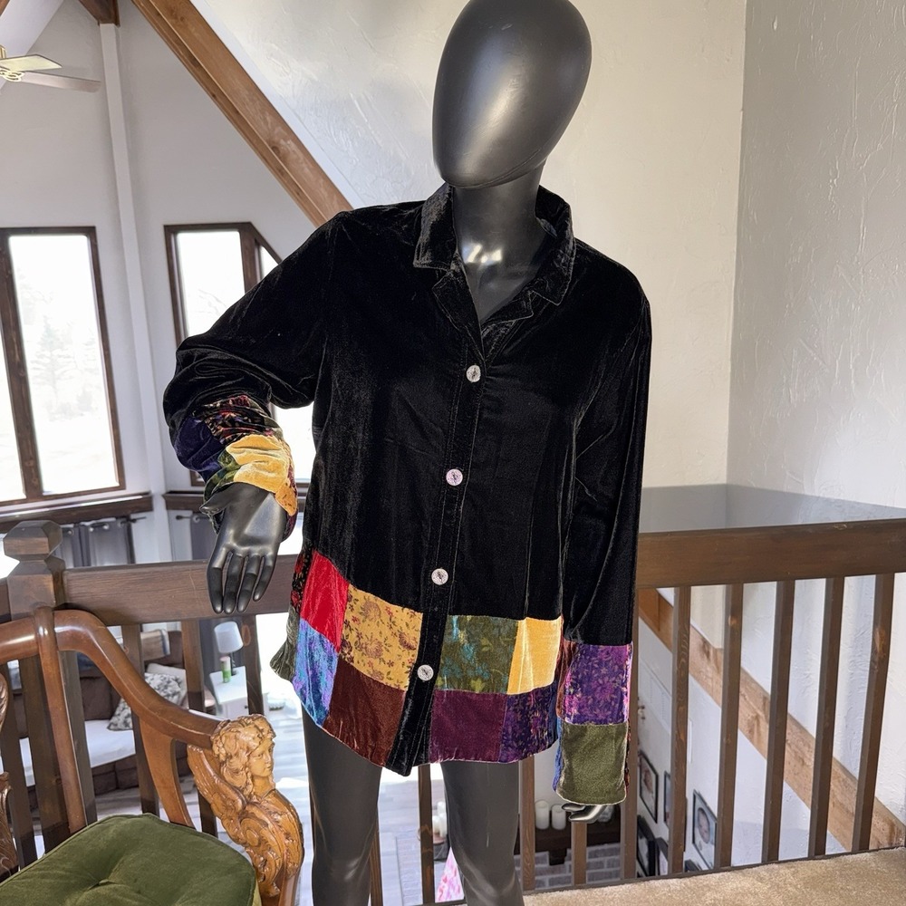 VTG White Stag Black Velvet Patchwork Jacket WMS M Whimsigoth Eclectic Grandma